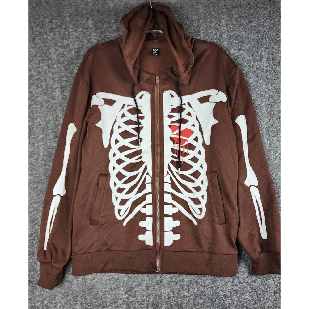 Romwe Skeleton‎ Zip Up Hoodie Mens S Brown Graphic Heart Streetwear